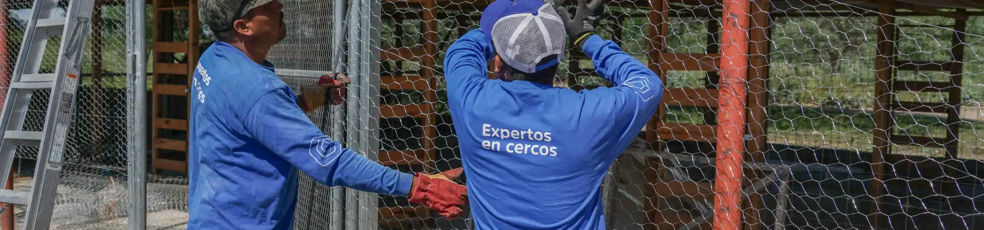 Dos hombres instalando una malla hexagonal